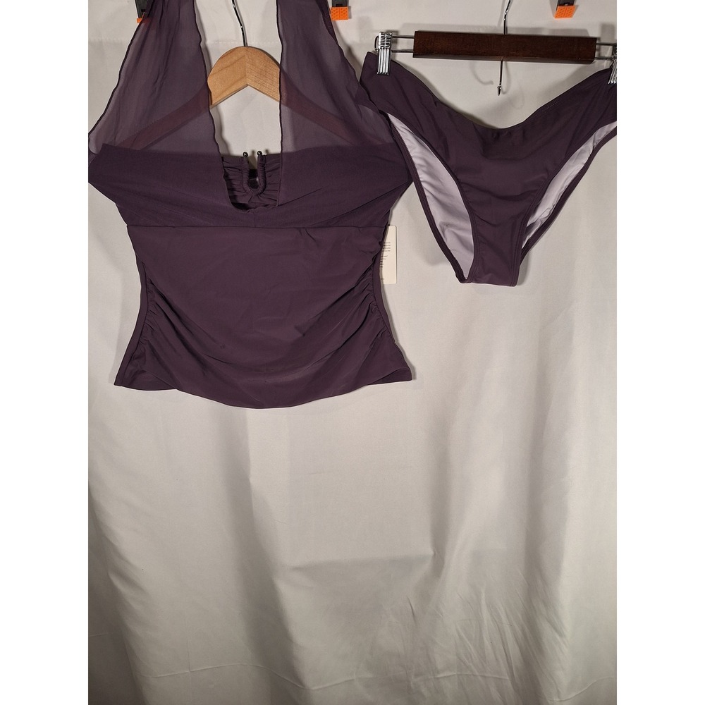 Cupshe Womens Purple Halter Mesh Ruched Tankini Set Two Piece Swimsuit Size L